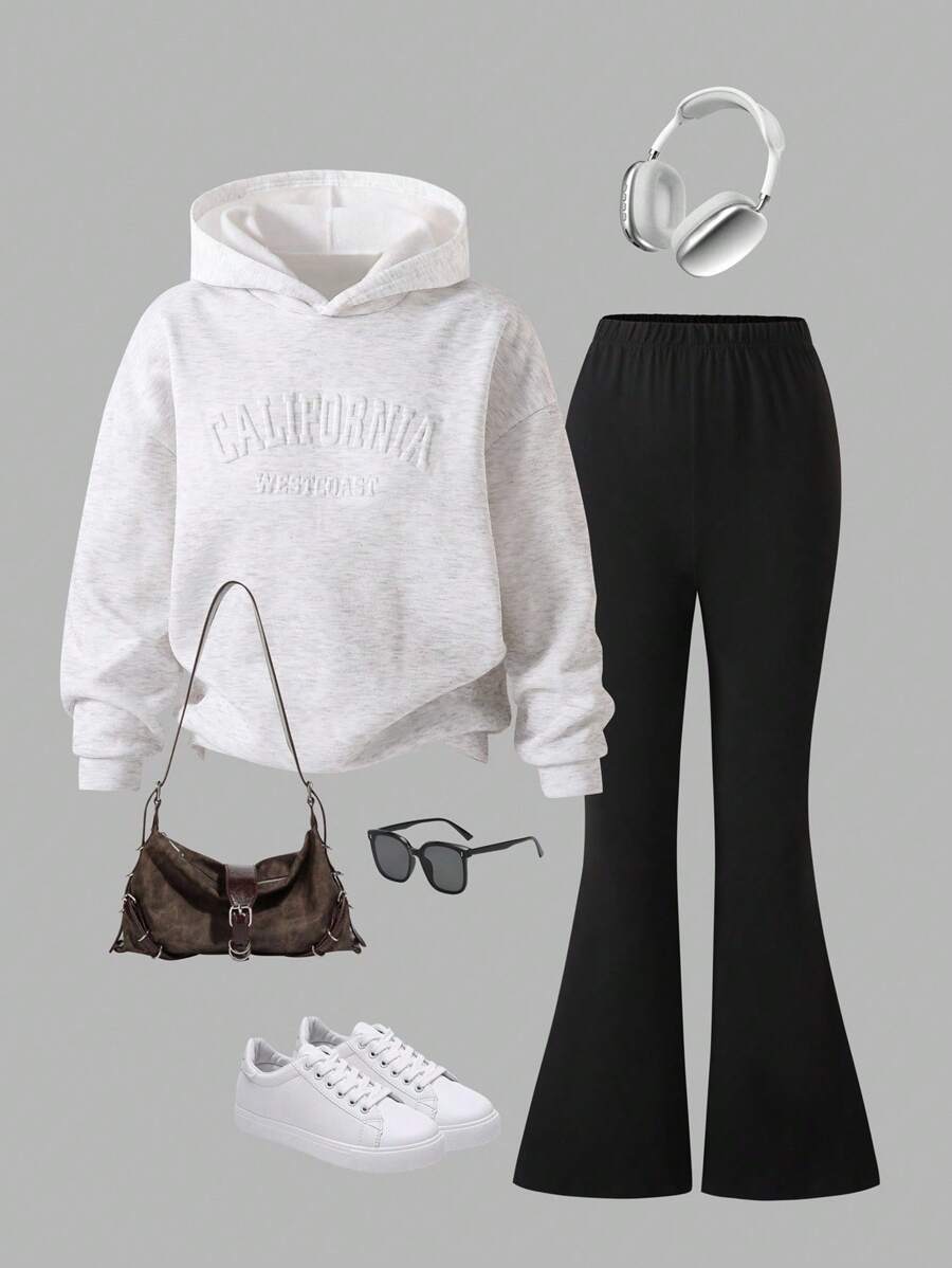 Sparklyn 2pcs/Set Teen GirlCity Name 3D Graphic Knit Hoodie + Knit Flare Pants Suit Fall Winter - Multicolor - View 1