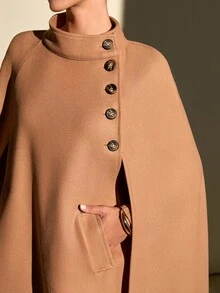 CLARA VERO Camel Wool Cape Overcoat For Women – Elegant Double-Breasted Winter Cloak With Belt, High Neck, And Button Details - Camel - View 5