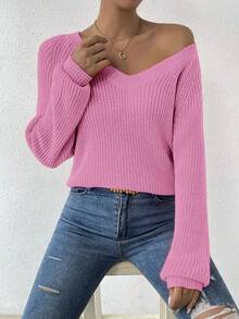 EMERY ROSE Women's Solid Color Minimalist Everyday Knit Long Sleeve Sweater Fall Winter Cloth For Women - Pink - View 6