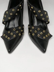 SHUZIA Women's Elegant Minimalist Point Toe Stiletto Heel Pumps With Buckle Eyelets Decors - Black - View 7