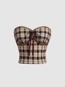 SHEIN MOD 女式格子蕾丝前系带波西米亚风抹胸上衣 - 彩色 - 查看 1