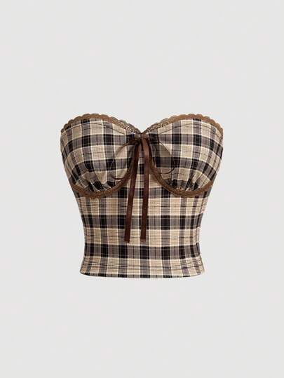 SHEIN MOD 女式格子蕾丝前系带波西米亚风抹胸上衣