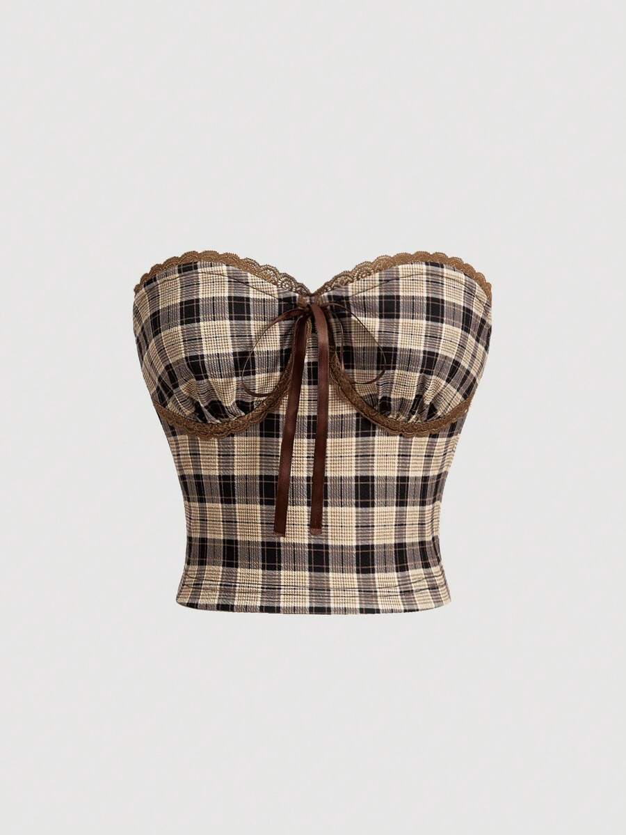 SHEIN MOD 女式格子蕾丝前系带波西米亚风抹胸上衣 - 彩色 - 查看 1