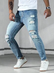 Manfinity LEGND Quần Jeans Skinny Rách Denim Xanh Thời Trang Cho Nam - Rửa nhẹ - Xem 3