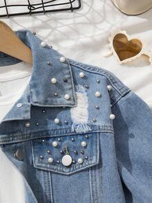 青少年女孩 Y2K 风格牛仔夹克和外套，秋冬新品，浅蓝色水洗做旧撕破串珠正面修身休闲牛仔夹克，适合青少年女孩