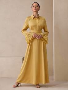 Graceveil Autumn Woven Embroidered Patchwork Elegant Teacher's Dress, Long Dress For Back To School, Yellow Autumn Long Sleeve Maxi Dress Fall Cloth For Women - Yellow - View 3
