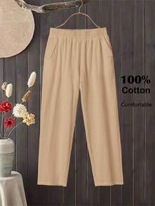 Rusticease Quần dài túi hộp tối giản màu trơn thường ngày dành cho nữ - Màu Khaki - Xem 4