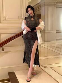 Flirla Váy sườn xám nhung jacquard kiểu Trung Hoa thanh lịch dành cho nữ cỡ lớn - màu xanh lá - Xem 4