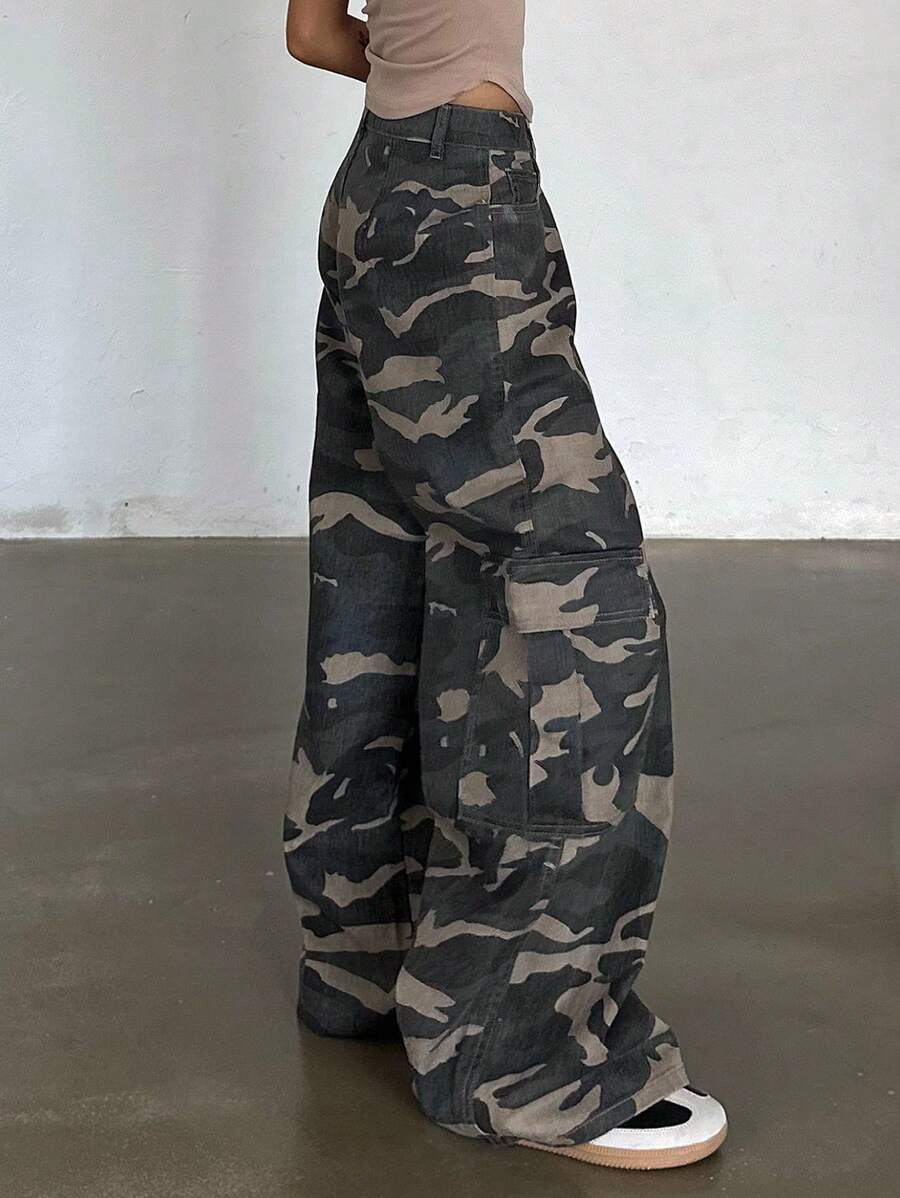 FRIFUL 女式宽松休闲迷彩工装牛仔裤 - 灰色 - 查看 1