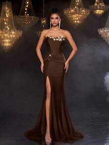 Glamrae Bộ đồ bơi liền thân co giãn họa tiết hoa ngọc trai ánh kim sang trọng thanh lịch, có chân váy đuôi cá xẻ tà và đuôi dài, thích hợp cho đám cưới, tiệc tùng, kỳ nghỉ, dạ hội, váy dạ hội (được trang trí nhiều chi tiết) - Cà phê nâu - Xem 8