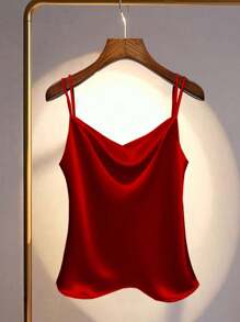 INAWLY 大码女式缎面纯色宽松休闲吊带背心 - 紅色 - 查看 1