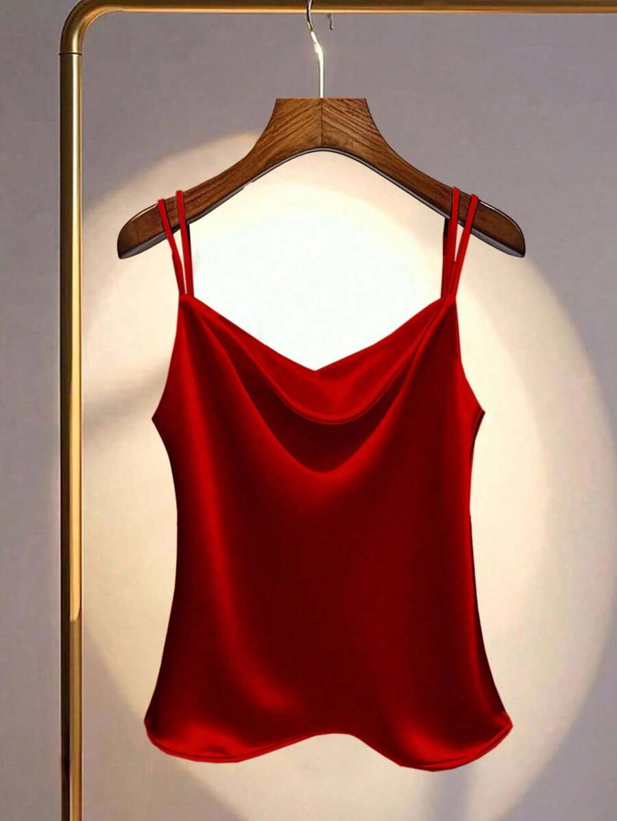 INAWLY 大码女式缎面纯色宽松休闲吊带背心 - 紅色 - 查看 1