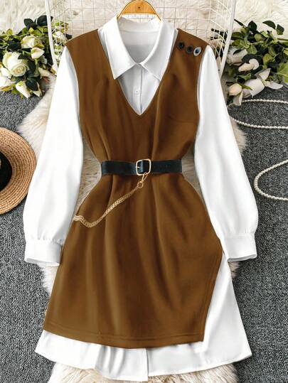 SHEIN Clasi 大码通勤休闲白衬衫裙、针织背心、金属链条装饰腰带、修身两件套