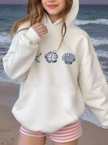 SHEIN Vintage Beachside Casual Vacation Blue Starfish & Hibiscus Pattern, Tween Girls Graphic Hoodie Sweatshirt, Thick Warm Pullover For Autumn/Winter, Vacay Vibes, Miami Girl, Chill Chill, Autumn Outfits For Easy Comfort, Autumn Layers For Girls, Stylish Tween Girl, Casual Wear, Graphic Hoodie, Fall Clothes