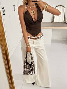 Siren Gaze Casual Solid Color Sexy Halter Tie-Up Backless Blouse For Women Summer Brown - Brown - View 5