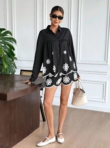 SHEIN Frenchy Damen Mode Lässig Blumen Muster Hemd & Shorts 2 Stücke Set