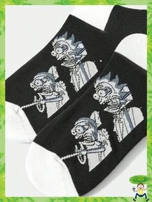 Rick and Morty X SHEIN 1 Pair Cartoon Figure Pattern Colorblock Crew Socks - Black and White - View 2