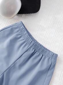SHEIN 3pcs/Set Babybo Summer Casual Letter Print Short Sleeve T-Shirt, Elastic Waist Shorts, Bonus Crossbody Bag - Blue - View 11