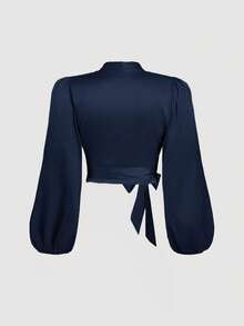 SHEIN MOD 大码女式海军蓝裹身式领带蝴蝶结灯笼袖衬衫 - 藏蓝色 - 查看 2