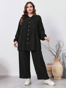 Mulvari 2 件加大码纯色前扣长袖休闲优雅裤套装，休闲 2 件套服装，适合旅行/休闲/居家/度假 2 件套 - 黑色 - 查看 4