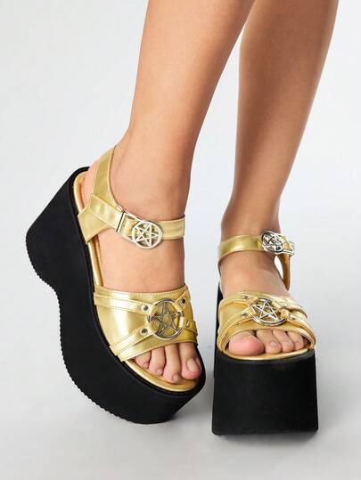 Grunge Punk Women's Gold Super High Heel Thick Bottom Punk Buckle Sandals, Gothic Round Star Rivet Buckle Adjustable Elastic Band, Simple Open Toe Wedge Heeled Shoes