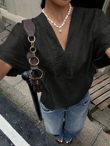 Siren Gaze Blusa de mezcla de lino con encaje a rayas para mujer