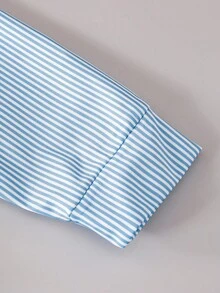 年轻女孩时尚条纹领夹克刺绣设计，适合日常休闲穿着 - 藍色 - 查看 5