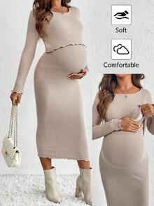 SHEIN 孕妇杏色圆领长袖修身优雅哺乳连衣裙，女士秋季连衣裙外出连衣裙裹身裙秋季连衣裙秋季连衣裙秋季女装 Felpa 秋季女装秋季米色 - 卡其色 - 查看 9