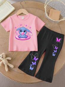 年轻女孩休闲时尚创意可爱卡通针线印花短袖上衣和喇叭裤套装 - 彩色 - 查看 4