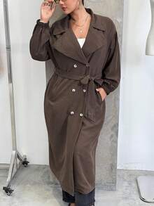 SHEIN EZwear 2025 秋冬新款休闲户外、派对、约会、度假多场合百搭大翻领双排扣系带超长驼色加大码风衣 - 咖啡棕 - 查看 9