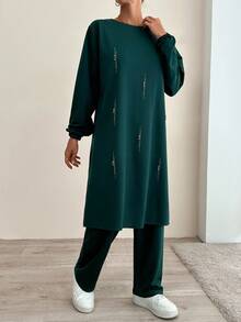 RueChic 100% Cotton Comfortable And Chic Long Sleeve Rhinestone Printed Long Blouse & Pants Jersey Set - Green - View 1