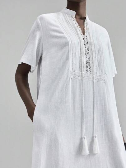 Ontre 2025 Linen Fabric Autumn/Winter All Season Dress, Fall/Winter Clothing, Back To School, Halloween Outfit, Christmas Attire, Women's Teacher Uniform, Night Out Dress, Business Casual Long Maxi Dress With Flowy Tassel & Lace Trim, Plus Size