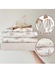 Loomiva Set 4 Potong untuk Bayi Baru Lahir Laki-laki/Perempuan: Jumpsuit Rajut Motif Kelinci Kartun Putih Lucu untuk Liburan Musim Dingin, Topi, Selimut Bedong & Sarung Tangan, Pakaian Musim Gugur dan Musim Dingin yang Lembut - MultiWarna - View 1
