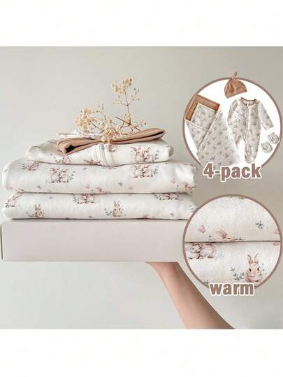 Loomiva 新生儿男/女宝宝四件套：卡通兔子图案针织柔软圆领长袖连体衣、帽子、襁褓毯和手套，多功能舒适，适合秋冬季穿着