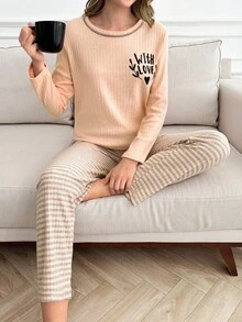 RueChic 100% Cotton 2pcs  Slogan Printed Lounge Set - Baby Pink - View 3