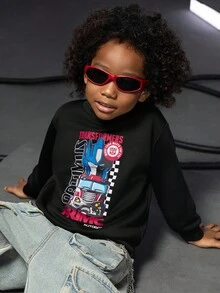 Transformers X SHEIN Niño pequeño casual de uso diario, sudadera holgada con gráfico de robot y letras de estilo caído, para otoño/primavera - Negro - Ver 3