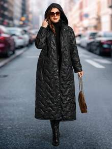 SHEIN Clasi 大码女式羽绒服，优雅黑色带口袋羽绒服，中长款羽绒服，带帽羽绒服，秋冬长款女式外套，长款绗缝夹克，冬季女式长款外套，女式羽绒服