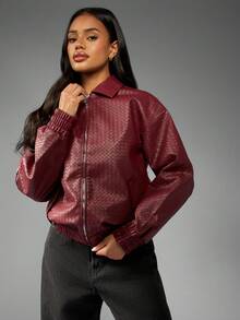 MISSGUIDED 女士编织皮革飞行员夹克绗缝图案冬季时尚休闲拉链外套带领罗纹下摆酒红色 - 酒紅色 - 查看 1