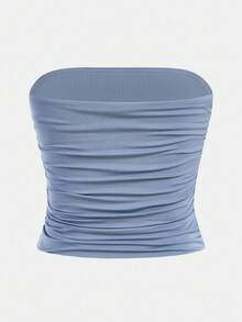 Tween Girl Minimalist Comfortable Side Ruched Tube Top Fall Winter - Baby Blue - View 2