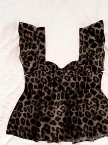 Leopard Print Women's Vacation Casual Square Neck Cap Sleeve Babydoll Sleeveless Blouse, Suitable For Summer Chic Blouses For Women - Multicolor - View 2