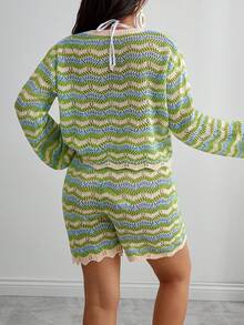 EURMUSE Hollow Out Short & Knit Top Cover Up Set - Multicolor - View 2