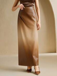 Anewsta New Elegant Minimalist Versatile Ombre Faux Leather Midi Skirt, Suitable For Dates And Commuting, Autumn/Winter - Brown - View 5
