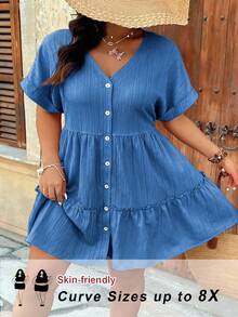 SHEIN CURVE+ CURVE+-D Plus Size V-Neck Textured Fabric Raglan Sleeve A-Line Layered Ruffle Hem Casual Dress For Outing, Party, Date, Vacation