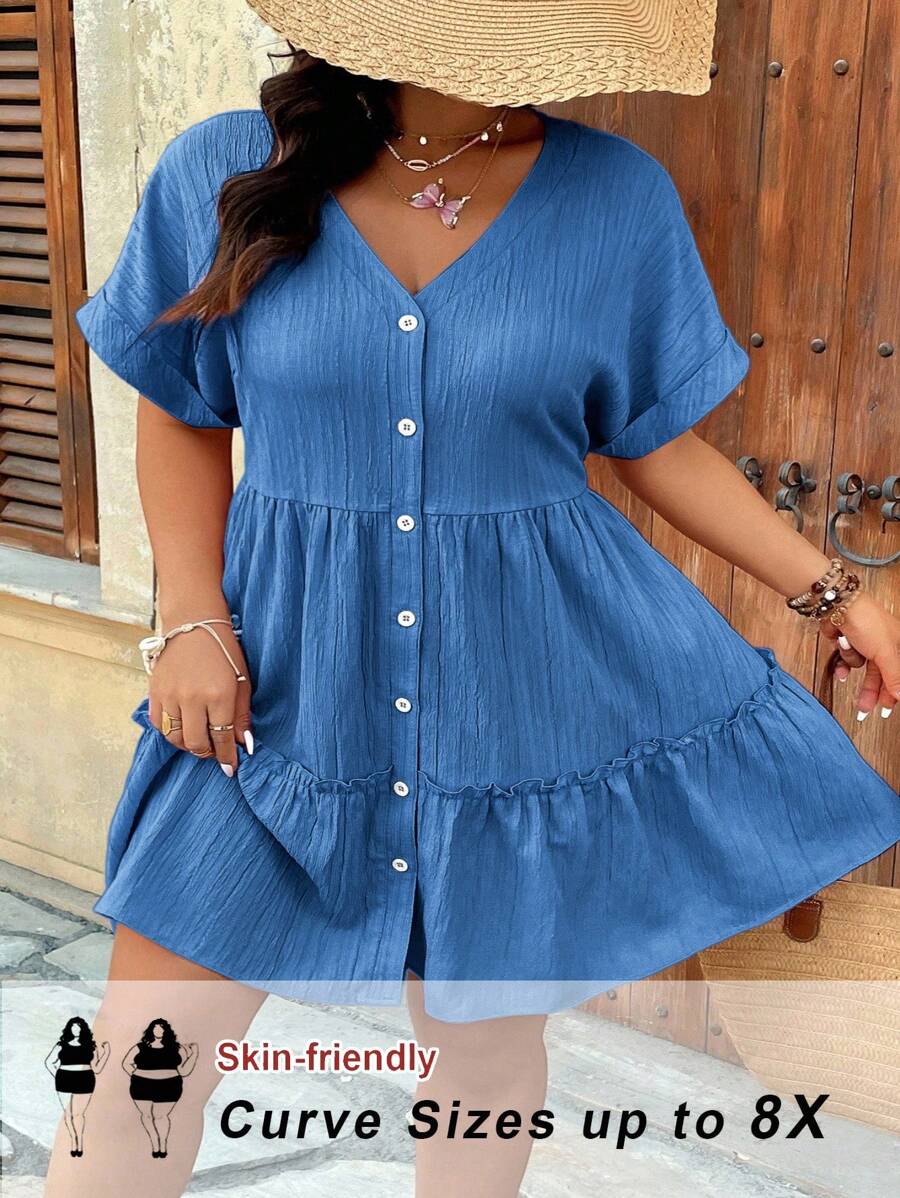 SHEIN CURVE+ CURVE+-D Plus Size V-Neck Textured Fabric Raglan Sleeve A-Line Layered Ruffle Hem Casual Dress For Outing, Party, Date, Vacation