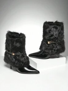 SHUZIA Botas Femininas Glamorosas, Sensuais, Bico Fino, Fivela De Metal, Dobradas, Cano Médio - Preto - Ver 5