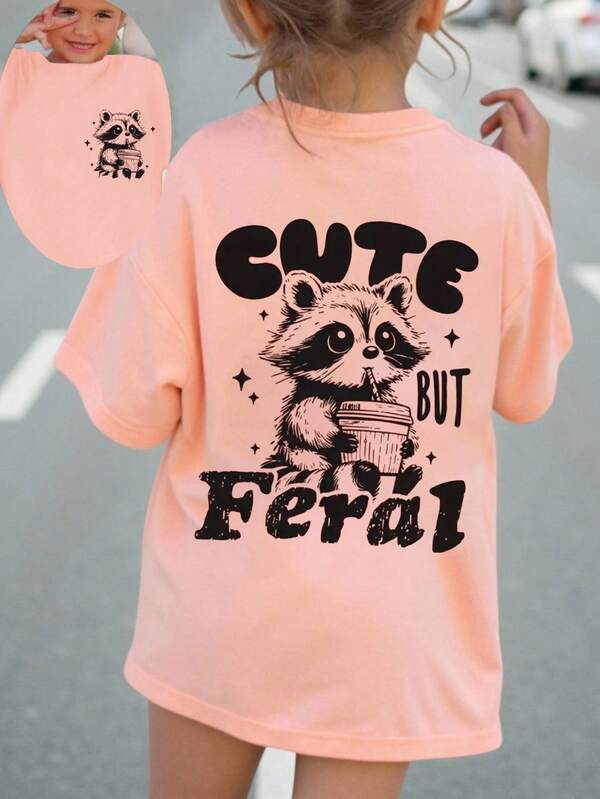 SHEIN Baby Girl Casual Cute Raccoon & Bubble Tea Letter Print "CUTE BUT FERAL" Short Sleeve T-Shirt, Spring/Summer