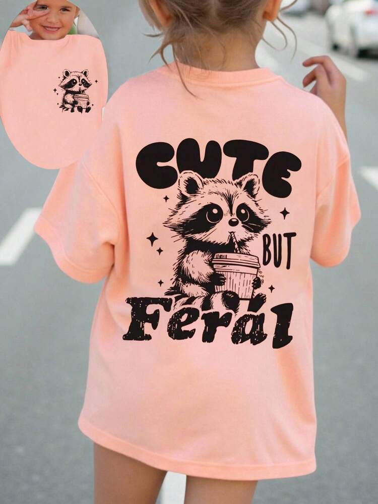 SHEIN Playful Pals Baby Girl Casual Cute Raccoon & Bubble Tea Letter Print "CUTE BUT FERAL" Short Sleeve T-Shirt, Spring/Summer - Pink - View 1