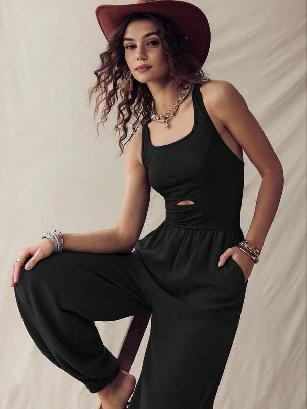 Wildy American Western Cowboy Music Festival Country Vacation Casual Criss-Cross Back Sports Jumpsuit, Black Black Jumpsuit For Women Women Jumpsuits Casual Jumpsuits For Women Black For Women Black Cutout Jumpsuit