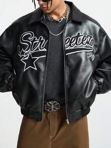 AXEPEAK Plus Size Men's Long Sleeve Casual Fashion Street Hooded PU Leather Jacket With Letter & Star Embroidery, Loose Fit Zip-Up, Autumn, For Fall Winter