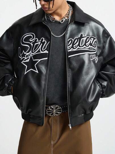 AXEPEAK 加大码男士长袖休闲时尚街头风连帽PU皮夹克，饰有字母和星星刺绣，宽松拉链款，适合秋季和秋冬季穿着。